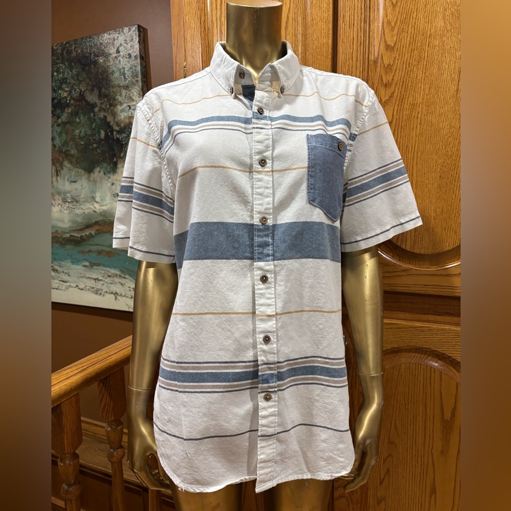 Casual Men's Button Down Shirt with Blue and Gray Stripes